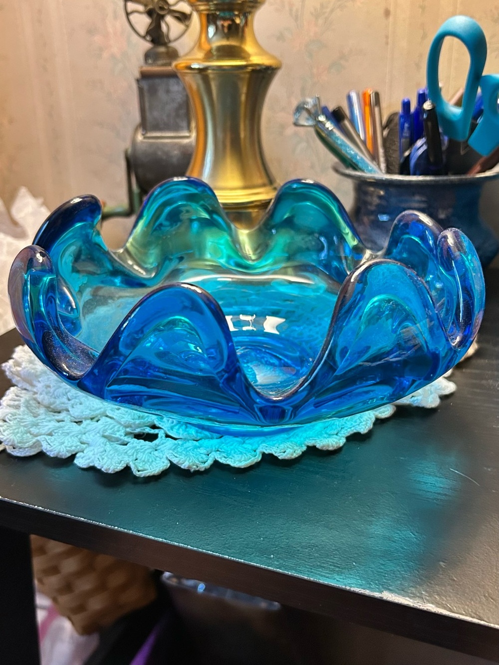 Vintage Blue Swirl Glass Bowl Candy Dish Ashtray